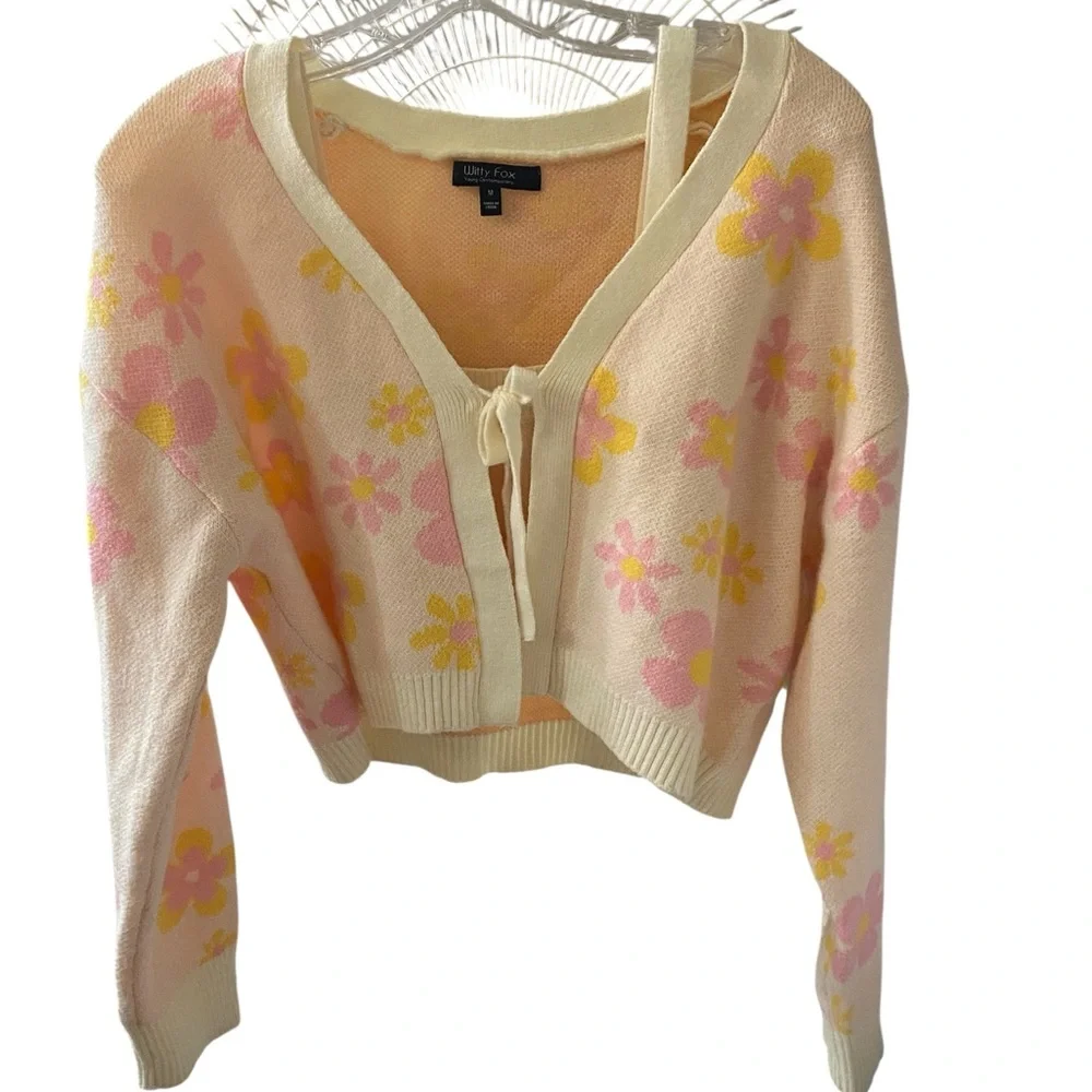 Witty Fox Floral Cropped Knit Cardigan Tank top Set Tie-front pink soft Girl - Picture 3 of 10